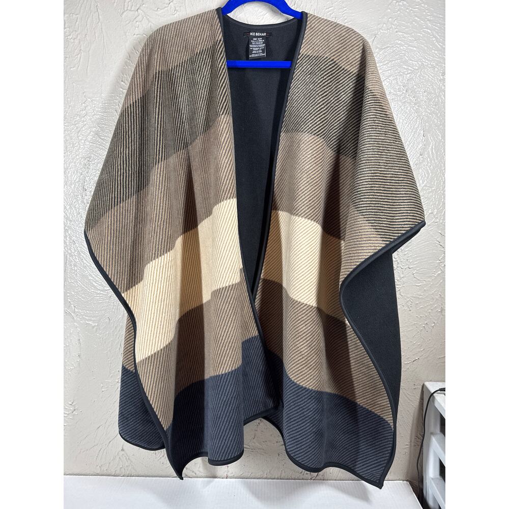 Ike Behar Reversible Caplet Poncho Womens Tan Stripe Open Front Fleece One Size